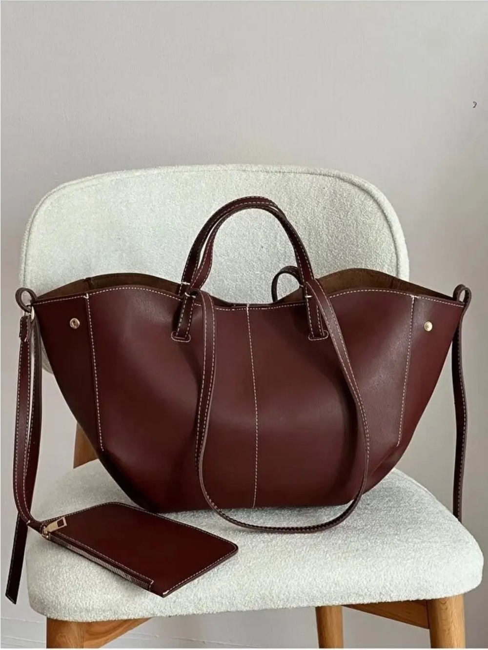 New Anthropologie top handle long tote bag leather burgundy wine polene cyme